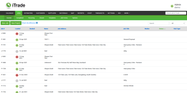 Job management software screen shot